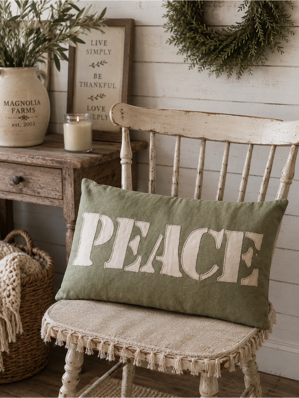 Vintage PEACE Pillow Cover 12x19 Recycled Denim Cotton Farmhouse Decor Green NEW